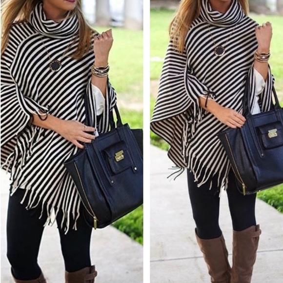 Sweaters - Turtle Neck Knit Poncha Wrap Stripe - NEW